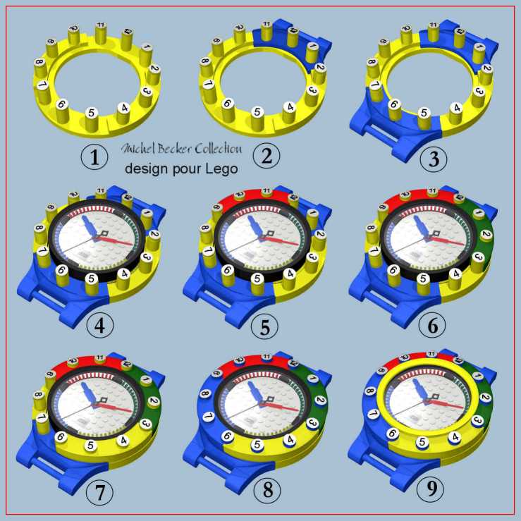 Design d'une ligne de montres pour LEGO par Michel BECKER Planche illustrée de l'assemblage