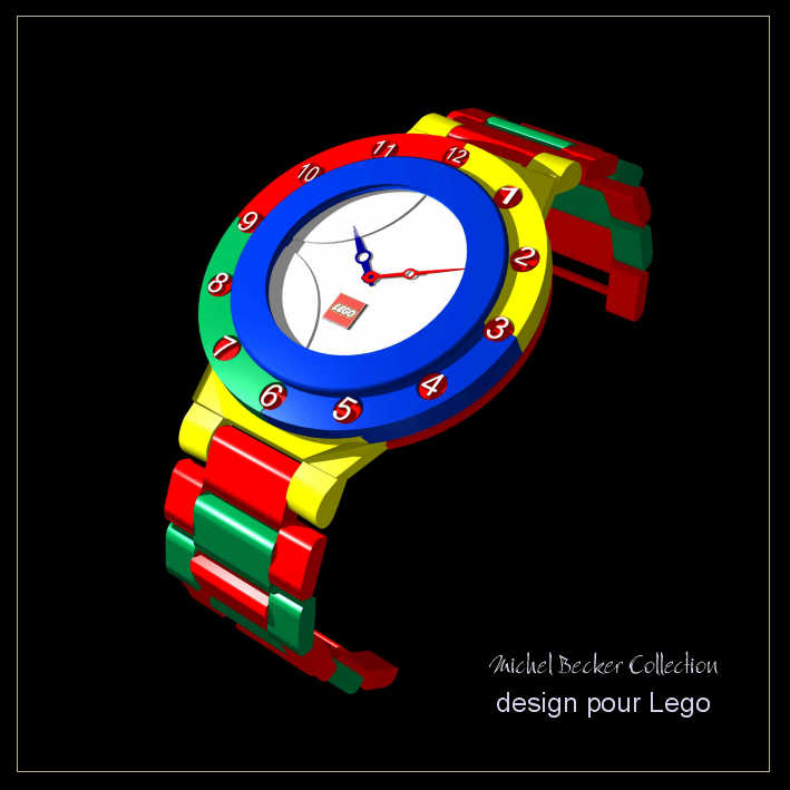 Design d'une ligne de montres pour LEGO par Michel BECKER Montre classique avec boîte rouge translucide