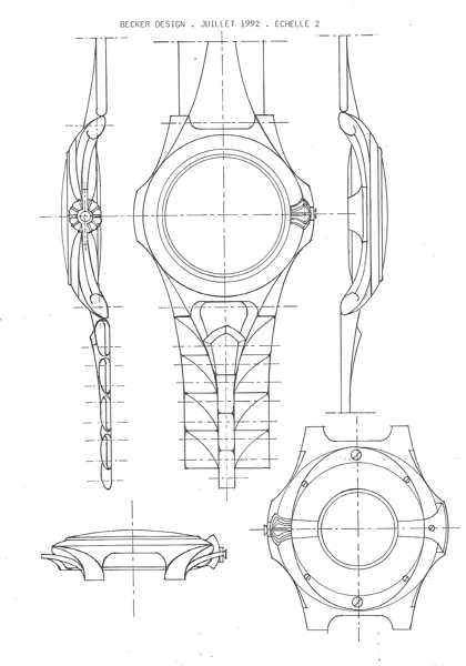Michel BECKER - Design de la montre SCULPTURE de PATEK-PHILIPPE - Planche de dessins montre ronde