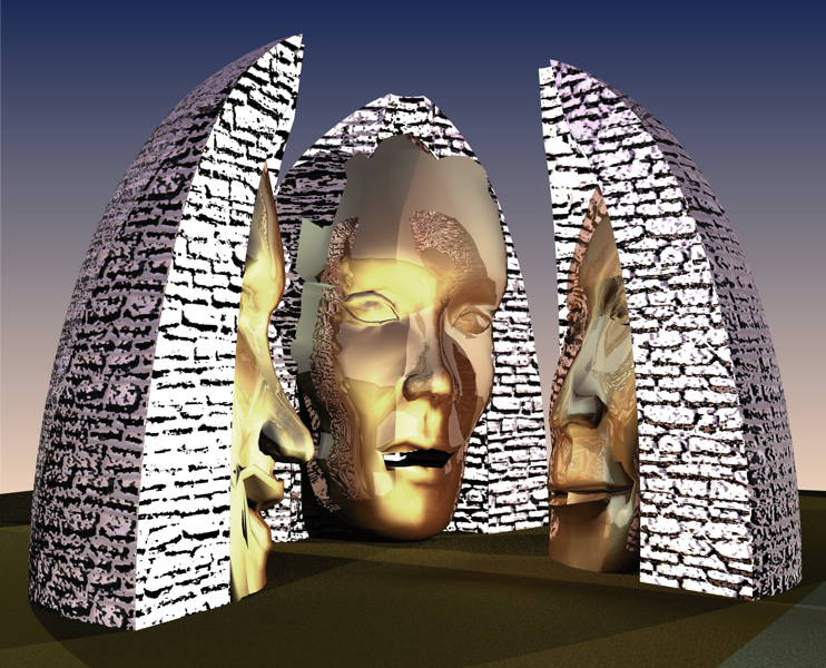 COLLOQUE Projet de sculpture de Michel BECKER sur le thème des bories provençales Vue 3/4 deux visages et 1 profil